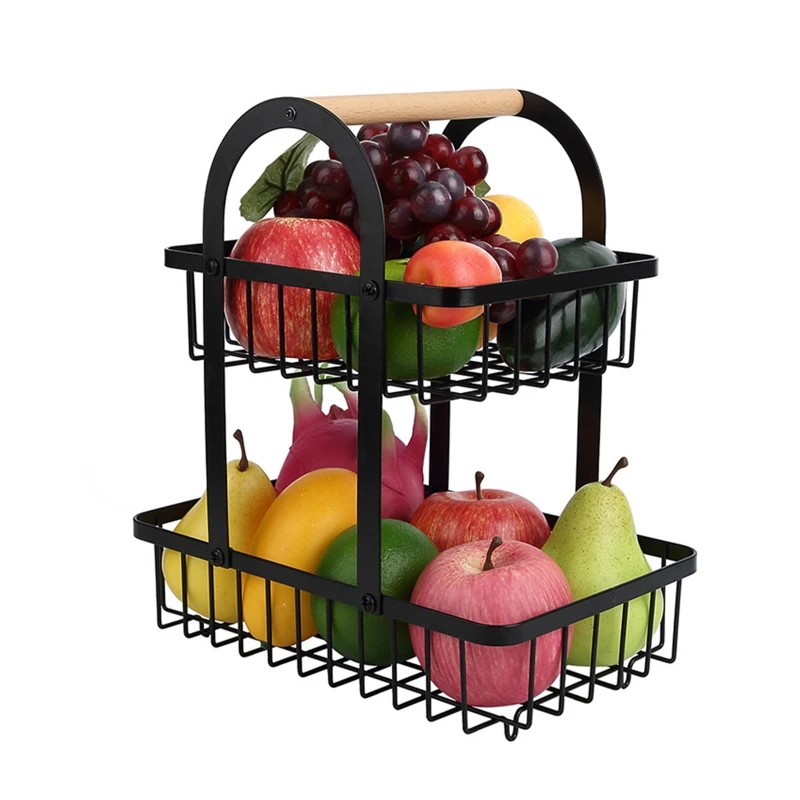 

2 Tiers Metal Fruit Basket Cake Stand Portable Kitchen Storage Countertop Shelf Rack for Fruits Vegetables