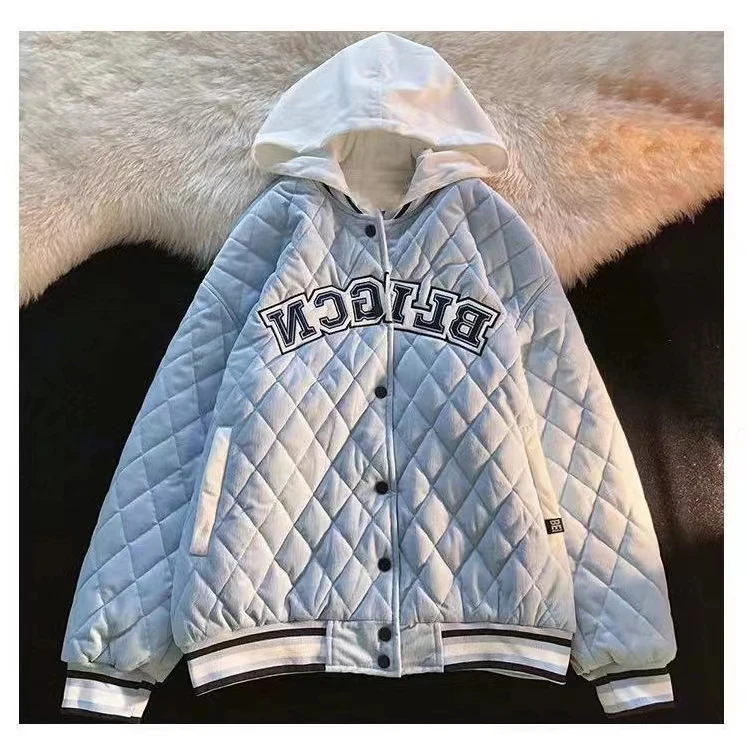 Winter new thick letters fake two pieces of diamond baseball cotton jacket jacket winter loose casual tooling cotton clothing