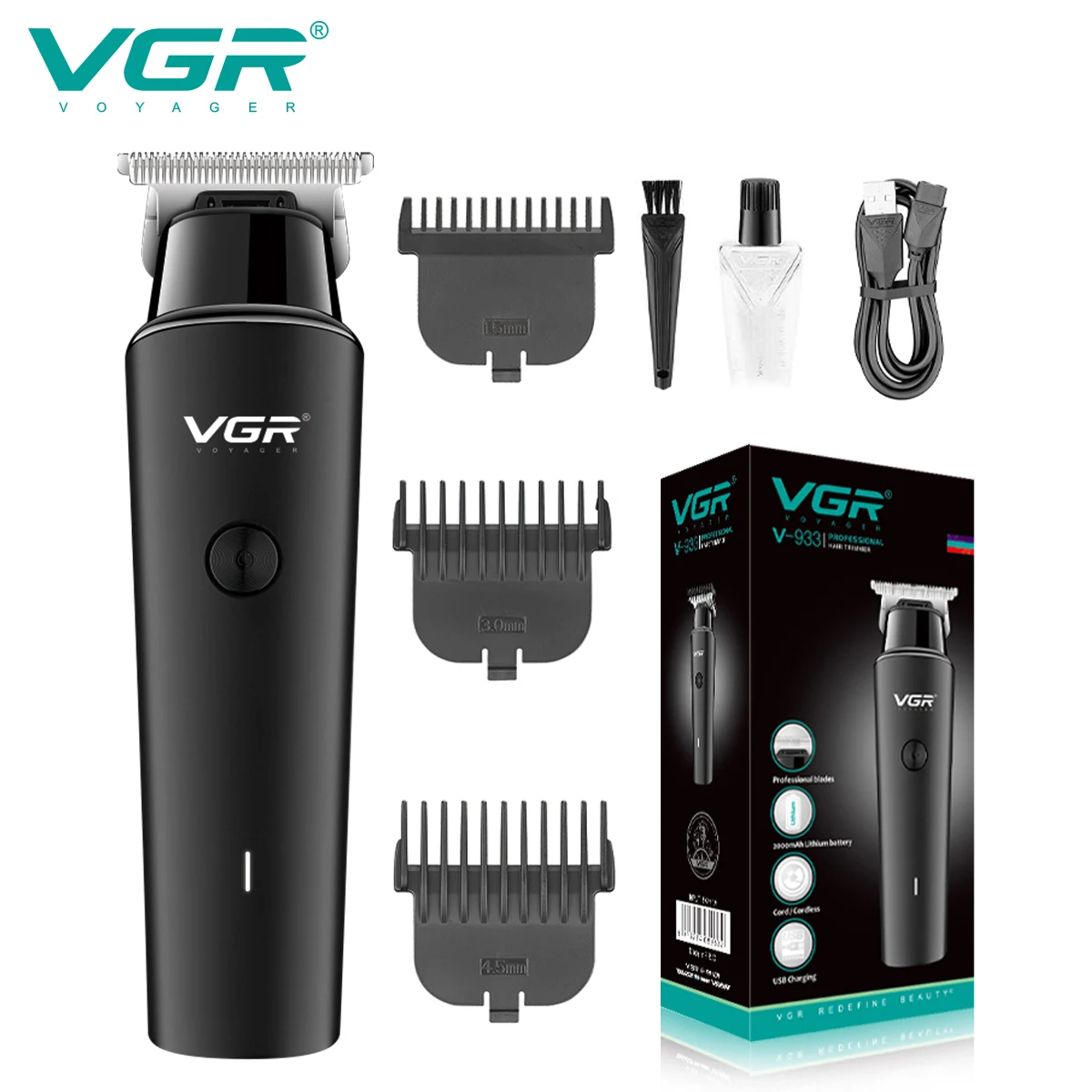 

VGR Hair Cutting Machine Professional Hair Clipper Beard Trimmer Barber USB Rechargeable Electric Cordless Trimmer for Men V-933