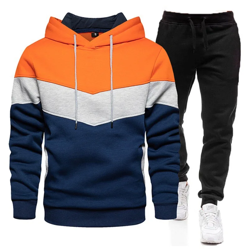 

Men's autumn and winter warm solid color sports casual sports suit, three-color striped hooded sweatshirt, streetwear