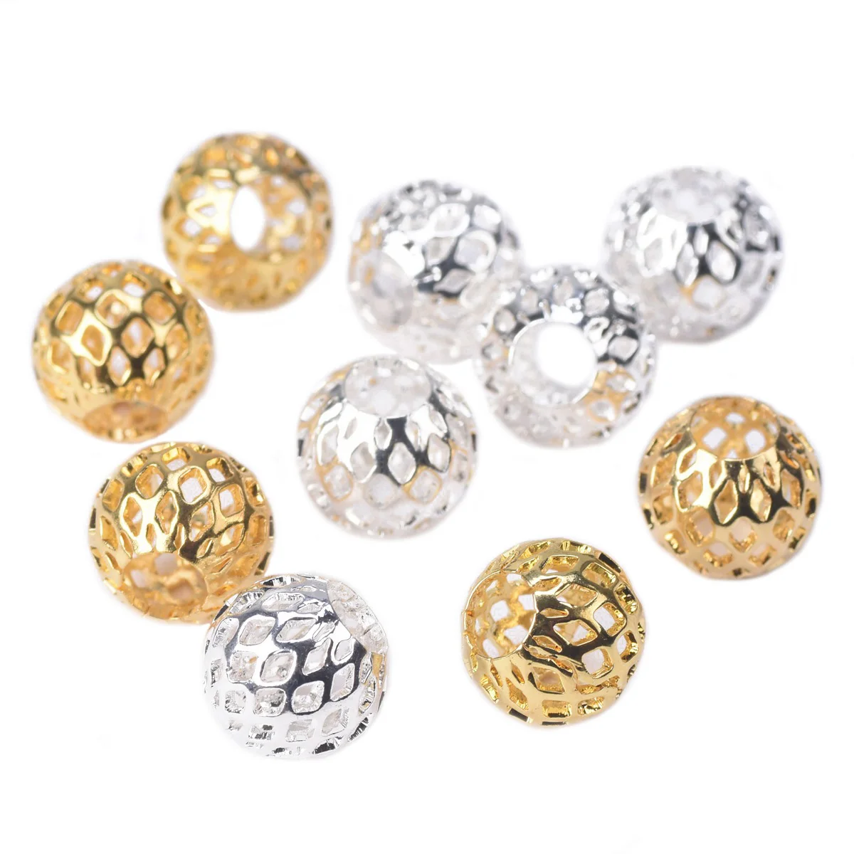 Позолоченные, золотистые, серебристые, круглые, пустотелые, марлевые, металлические, латунные, 8 мм, 10 мм, бусины-разделители россыпью, партия для самостоятельного изготовления ювелирных изделий