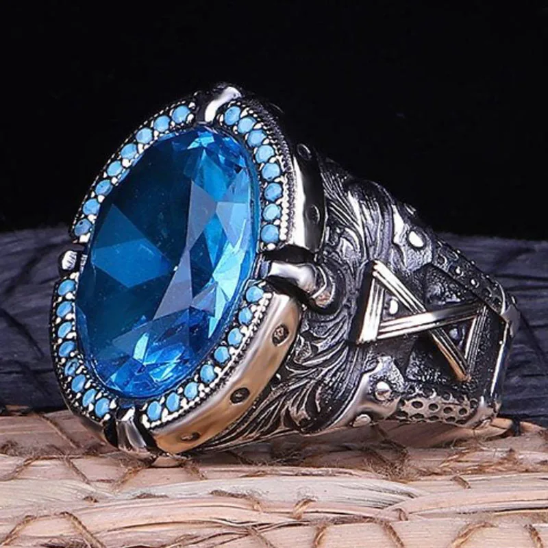 

Aquamarine Gemstone Men's Ring Personality Vintage Engraving Pattern Punk Ring Turkish Inlaid Turquoise Luxury Fashion Jewellery