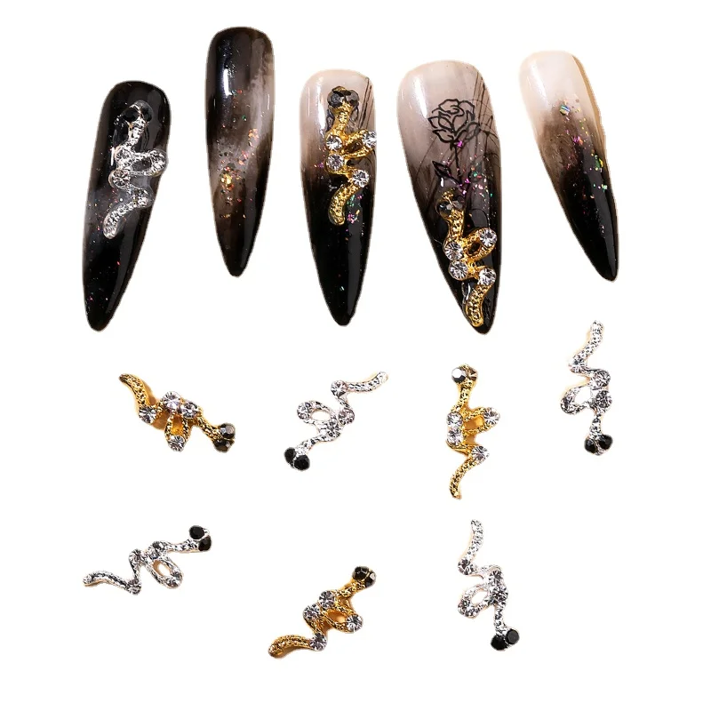 

Gothic Gold and Silver Metal Alloy Rhinestones Black Cobra Nail Charms Luxury snake DIY Nail Art Accessories Decoration jewelry