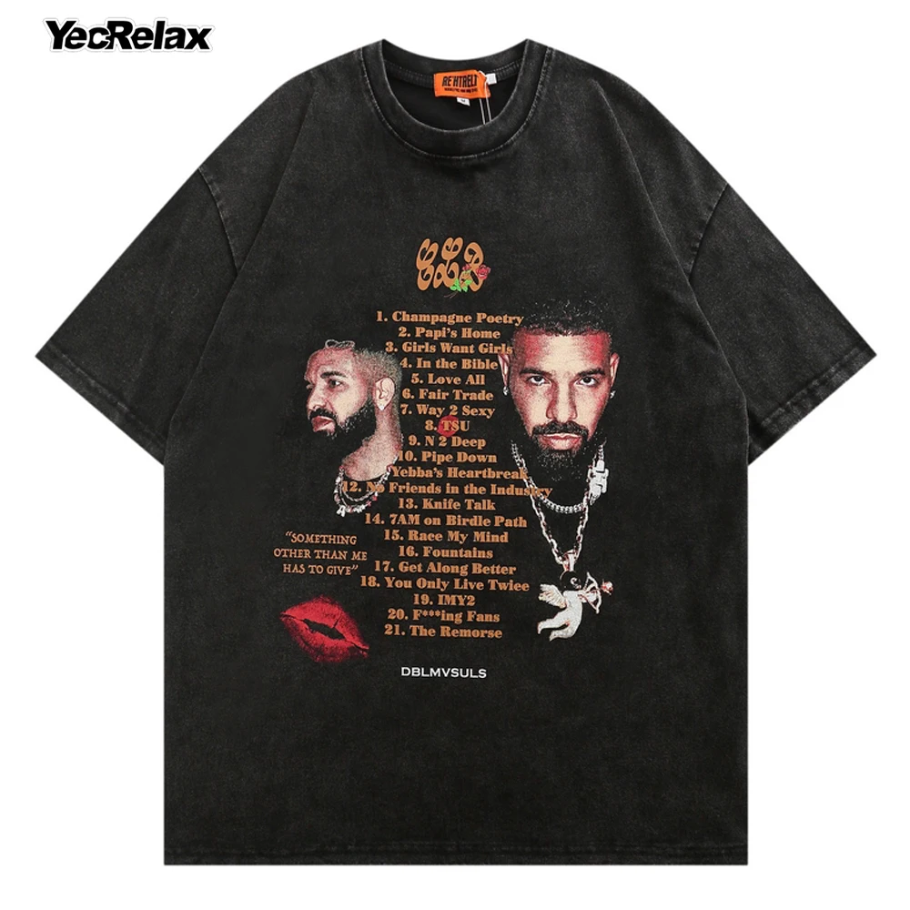 

2022 Oversize T-shirt Harajuku Streetwear Hip Hop Rapper Letter Graphic Washed Vintage T Shirt Men Distressed T-shirt Cotton Top