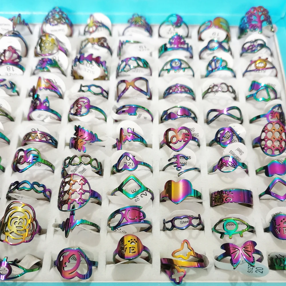 Wholesale Bulk 40pcs/Lot Women's Jewelry Rings Rainbow Mix Style Cute Lovely Aninal Heart Colorful Stainless Steel Initial Ring