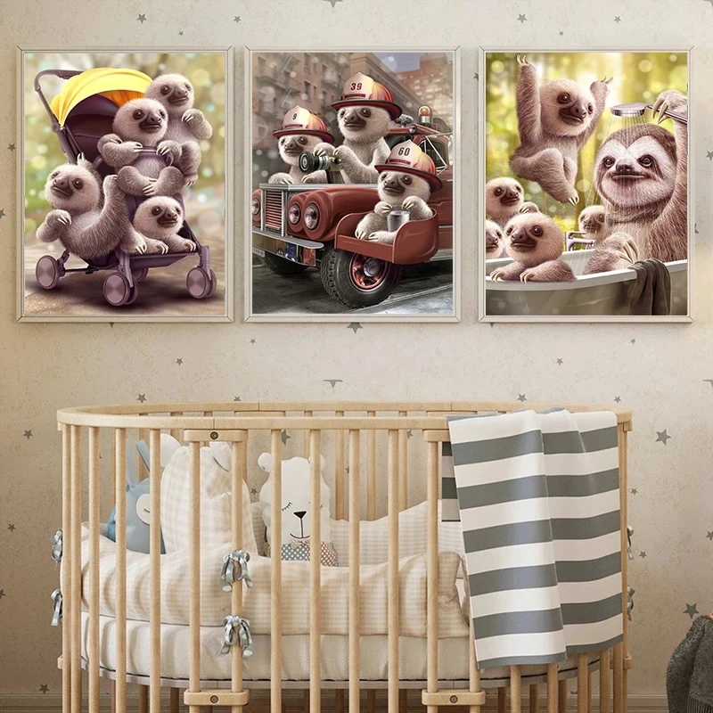 

Funny Baby Sloth Family Eating Dancing Posters Canvas Painting Abstract Animal Wall Picture For Living Room Home Decor