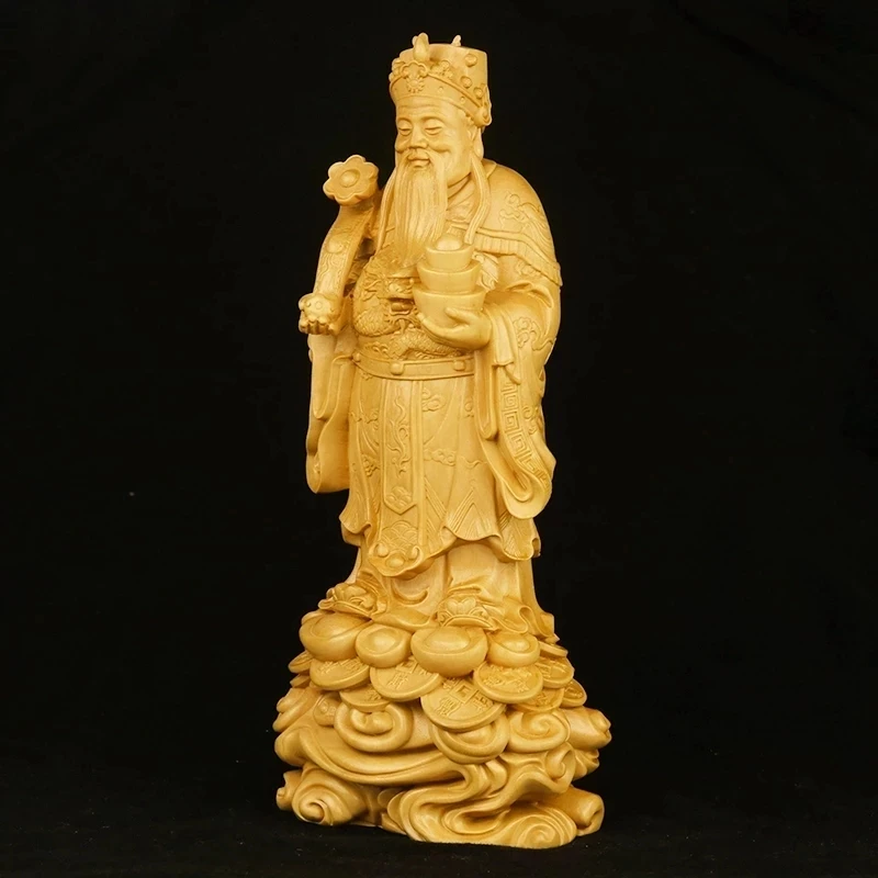 

Boxwood 20cm God of Wealth Sculpture Figures Statue Feng Shui Solid Wood Lucky Buddha Rich Collection Home Decor