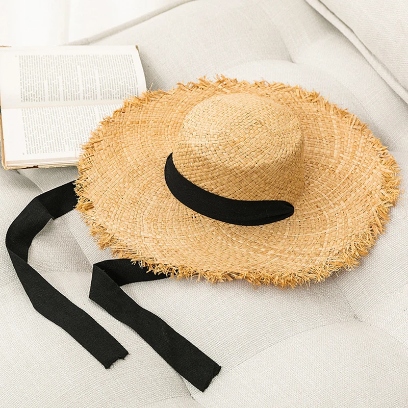 

Summer Natural Raffia Straw Sun Hats Women Large Wide Brim Floppy Beach Hat Wholesale Hand Weave Fashion Panama Cap Dropshipping