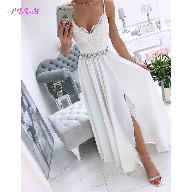 

Sweetheart Straps Lace Beaded Chiffon Prom Dress Side Split Long Evening Party Dresses Floor Length Graduation Gowns