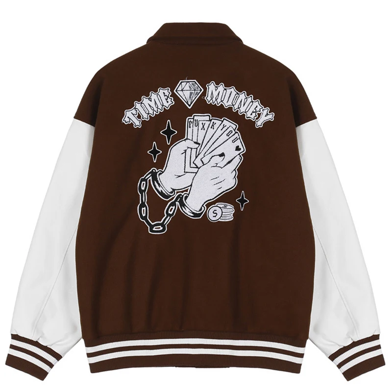 

Mens Varsity Jacket Poker Pattern PU Leather Patchwork Baseball Jacket Winter Harajuku Streetwear Bomber Jacket Unisex Outwear