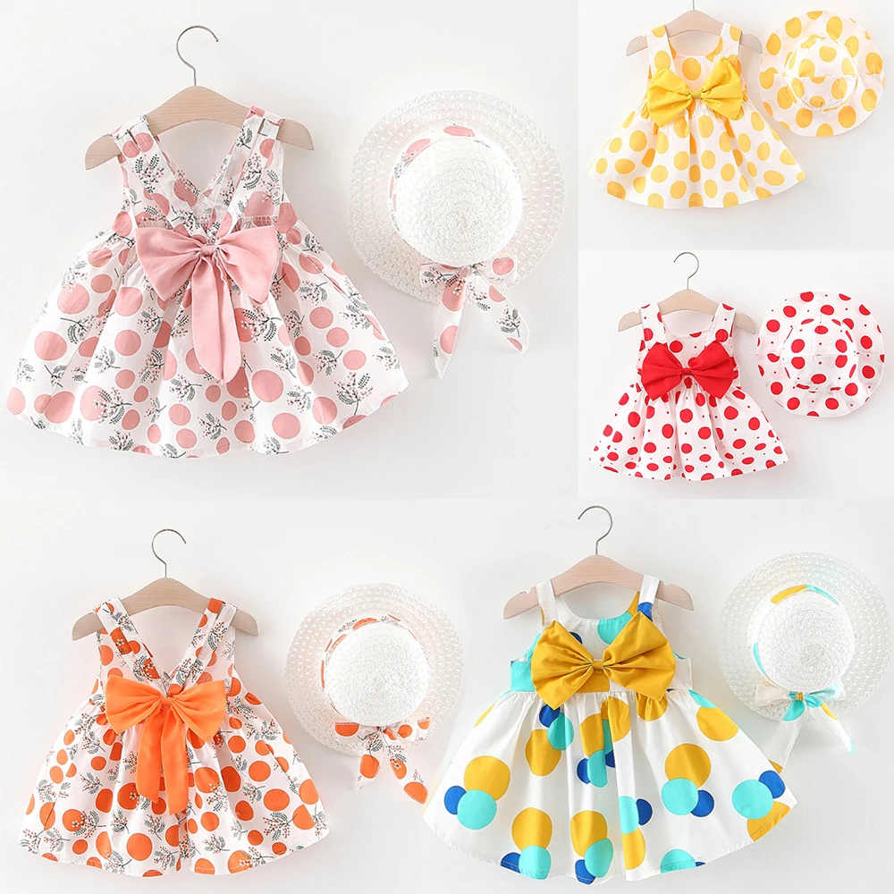 

Summer Baby Girls Dresses for Baby Casual Beach Bow Print Sundress Princess Dress Infant Dress Newborn Clothes Send Hat