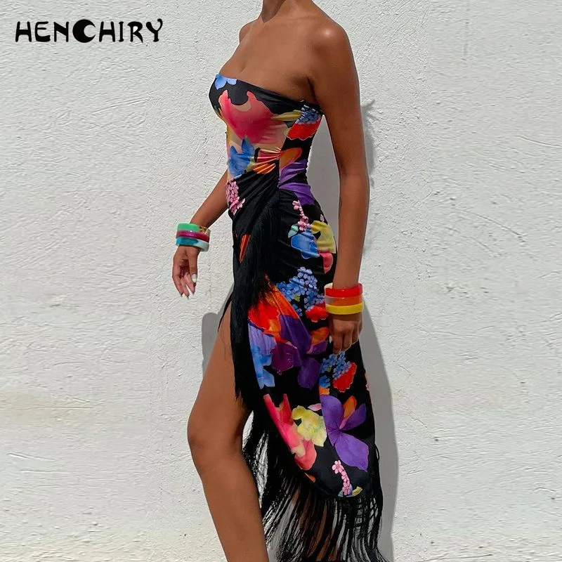 

HENCHIRY 2022 Fashion High Slit Fringe Ladies Sexy Party Print Sleeveless Wrap Dress Long Dress Beach Dress XS-XL