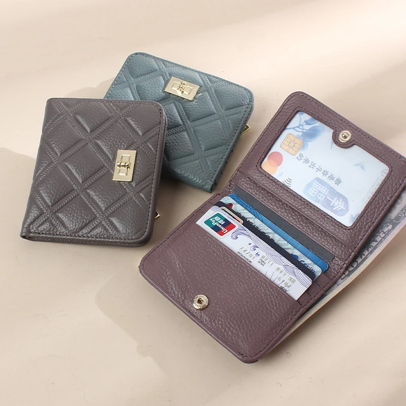 

Модный кошелек из натуральной кожи с ромбовидной тканью, двойной кошелек, держатель для карт, сумки, ультратонкий женский кошелек для монет,...