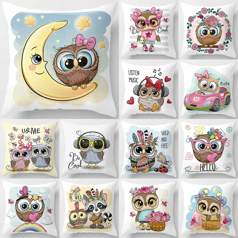 

Linen Cartoon Owl Animal Decorative Cushions Pillowcase Polyester Cushion Cover Throw Pillow 45*45 Sofa Decoration Pillowcover