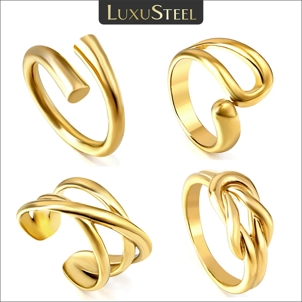 

LUXUSTEEL Luxury Geometric Rings For Women Korean Style Gold Color Circle Open Rings Party Wedding Y2K Nail Jewelry Size 6-9