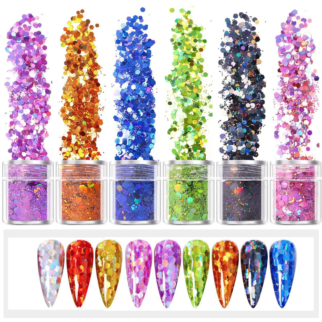 

6 Jar Bright Blue Sequins for Nail Mermaid Mixed Nail Glitter Flakes Hexagon Nail Art Paillette Shiny Mirror Spangles Slices