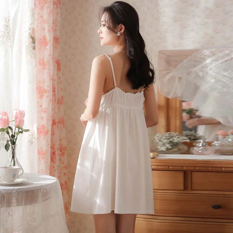 Roseheart Women Homewear Female Cotton White Sexy Sleepwear Nightdress Lace Nightwear Nightgown Sleepwear Luxury Gown Dress