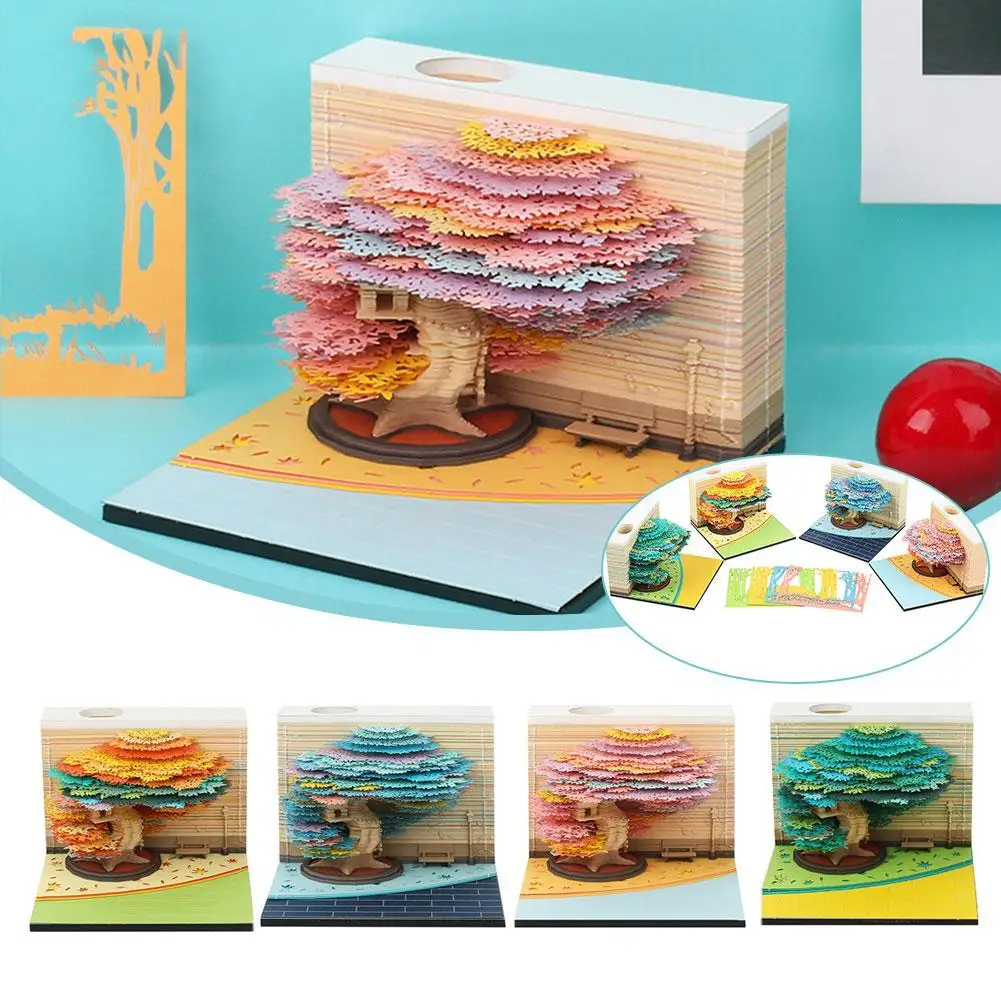 

3D Three-dimensional Four Season Tree Memo Note Pad Novelty Design Construction Paper Carving Crafts Creative Gifts Pen Holder