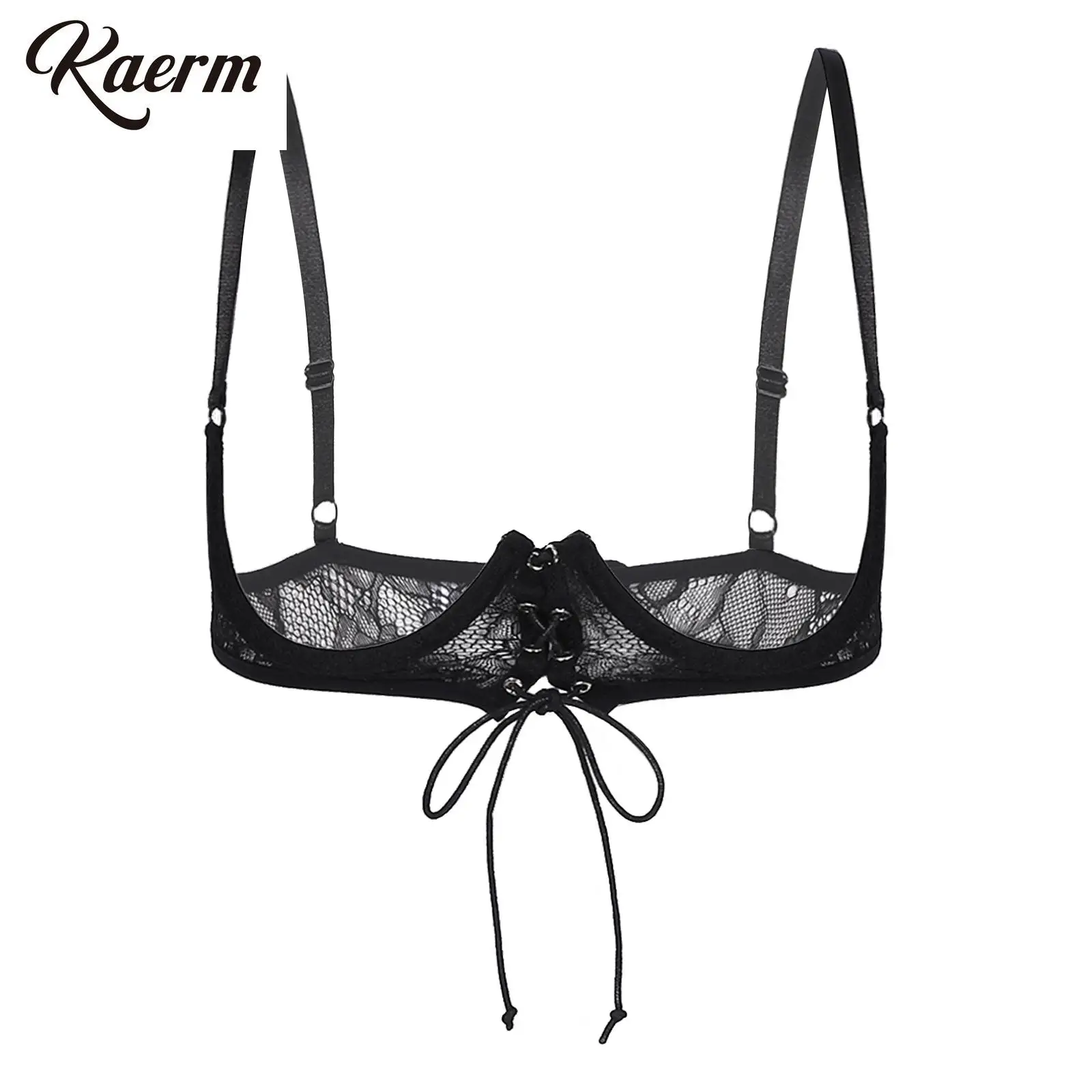 

Women Sheer Lace 1/4 Cups Bra Exposed Breast Tie Front Underwire Push Up Brassiere Lingerie Underwear Sexy Bralette Nightwear