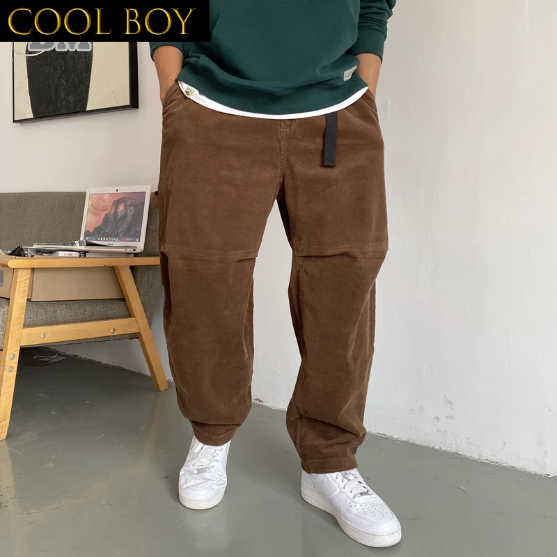 J BOYS Boutique Korean Streetwear Retro Corduroy Casual Pants Loose Solid Color Straight Trousers Men Clothing Japanese Harajuku