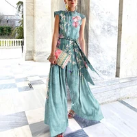 stand collar chiffon button printed lace up fashion wide leg pants jumpsuit elegant slim sleeveless summer loose party jumpsuits