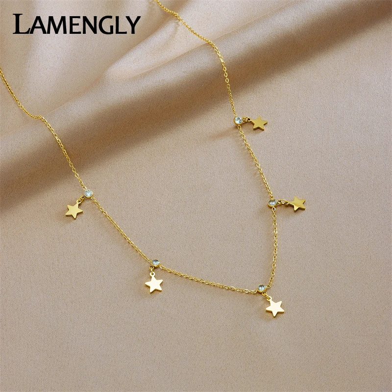 

LAMENGLY 316L Stainless Steel Star Pentagram Zircon Pendant Necklace For Women Simple Girls Clavicle Chain Charming Jewelry Gift