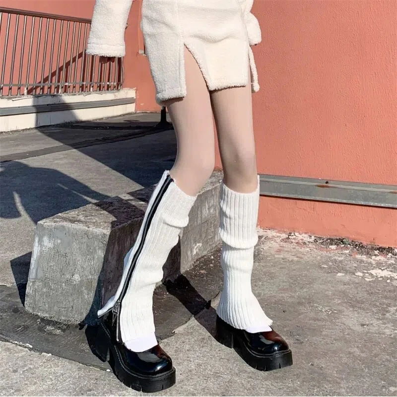 Fashion Gothic Punk Ribbed Knitted Leg Warmers Harajuku Side Zipper Up Solid Color Boot Socks Women Student Knee High Foot Cover