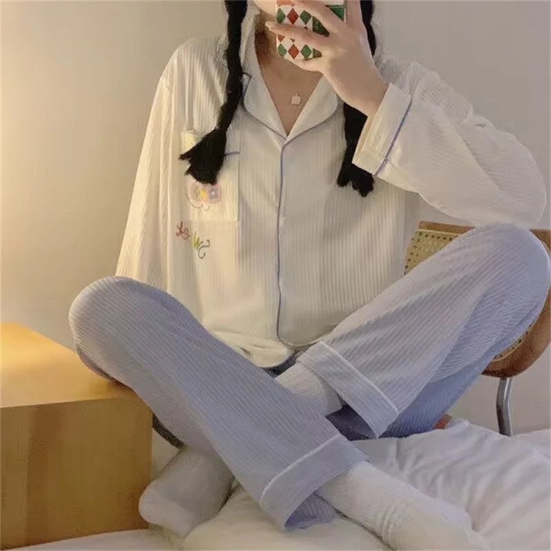 Sexy Bow Princess Sweet Pajamas Set Full-Sleeve Long Pants 2Piece/Set Pyjama  Homewear Cozy Plus Big Size Sleepwear