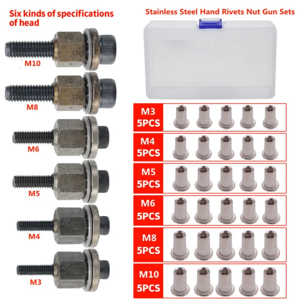 

36Pcs/Set Hand Rivet Nut Gun Head Nuts Simple Installation Manual Riveter Rivnut Tool Accessory For Nuts M3 M4 M5 M6 M8 M10