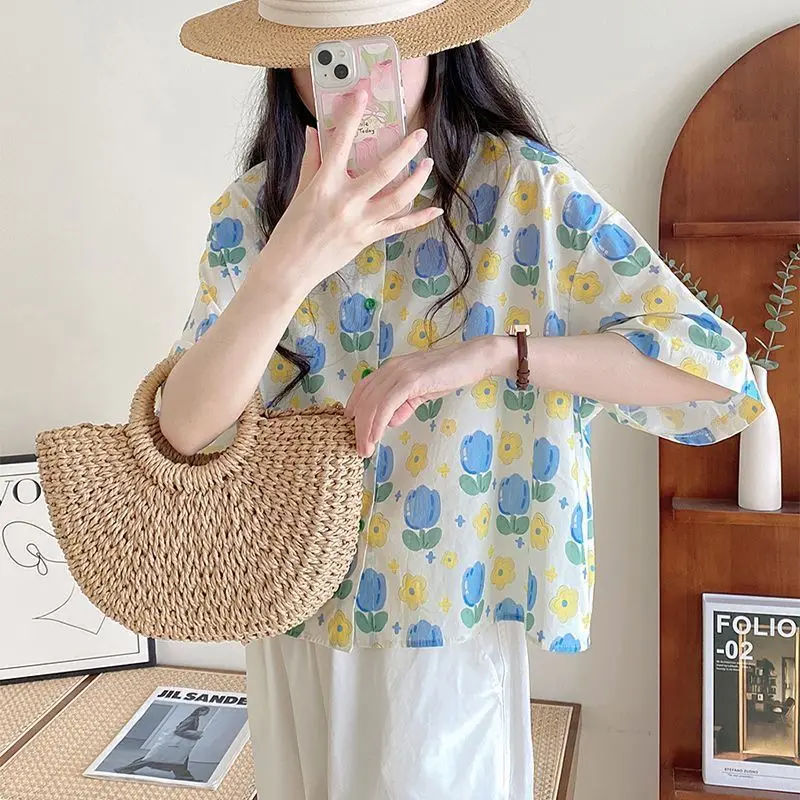 

Hawaiian Shirt Flower Blouse 2023 Summer Fashion Women Tulip Printed Short Sleeve Shirts Female Casual Elegant Basic Top Clothes
