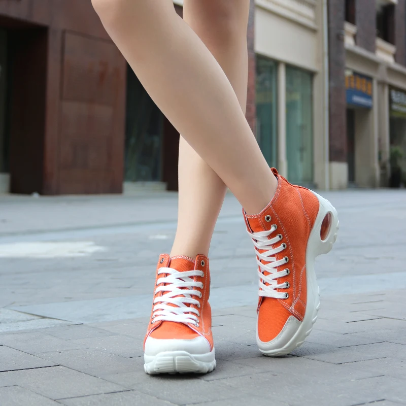 2023 Air Cushion High Top Canvas Women's Shoes Light Outdoor Shoes Women's Flat Lacing Round Head Sports Shoes Walking Shoes