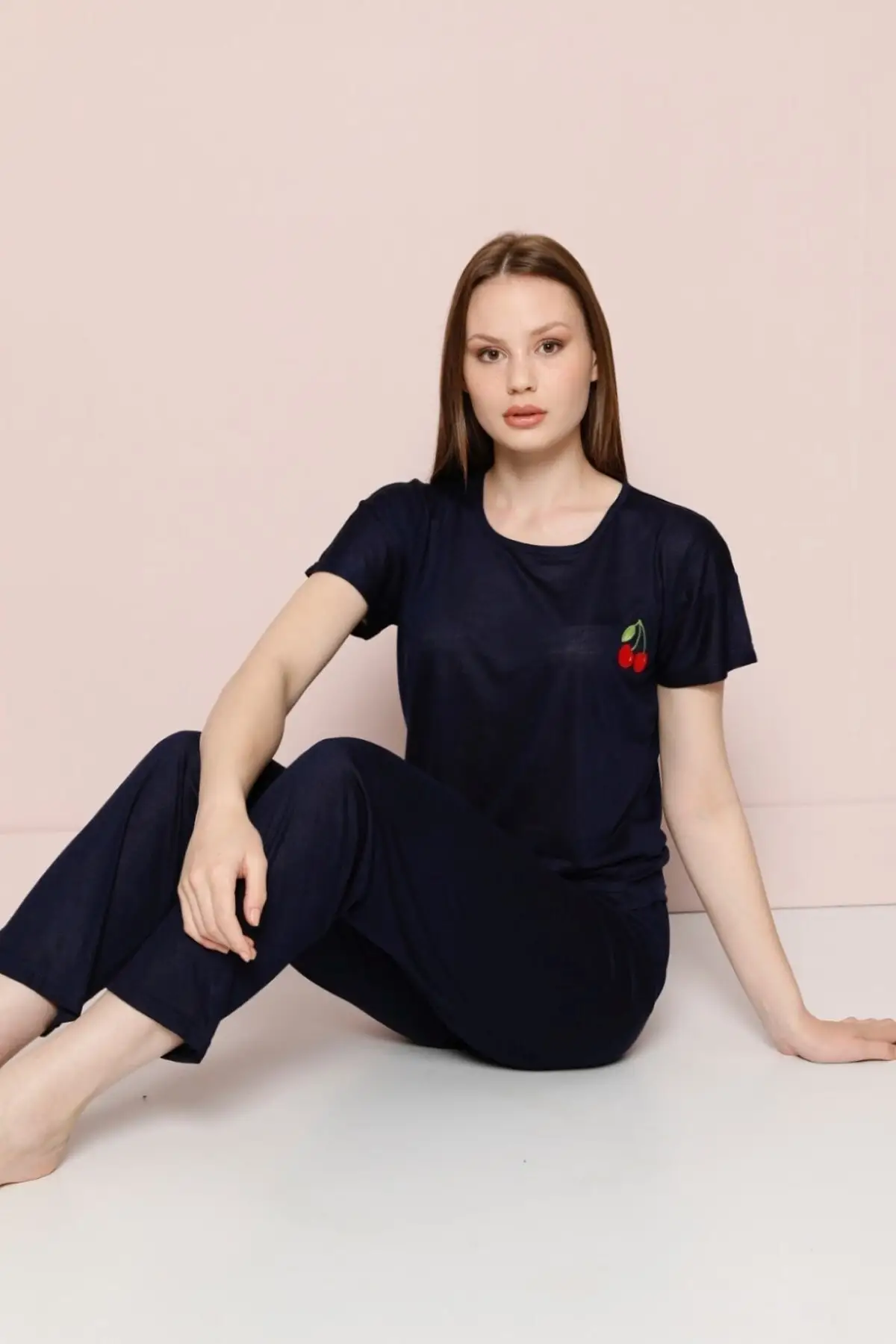 

Women's Pajamas Cherry embroidery Navy Blue Sleep Lounge Pajamas Nightwear Nightwear Nightwear Nightwear Nightwear Casual Home Clothing
