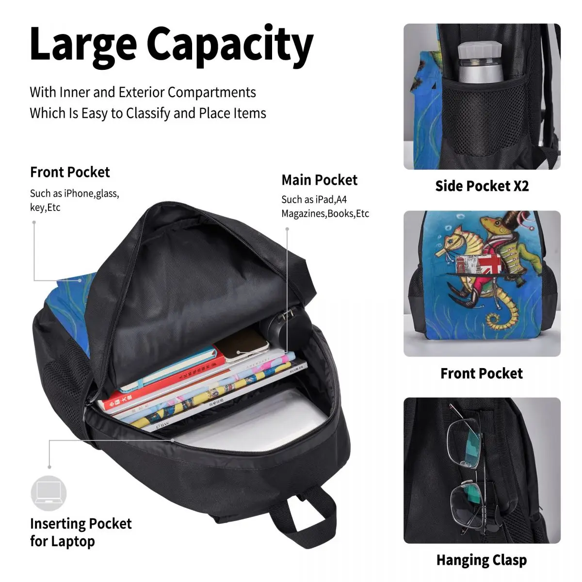 Happy Frog Riding On Seahorses School Bag Set for Teenagers Girls Boys Student Travel Book Kids Mochila |