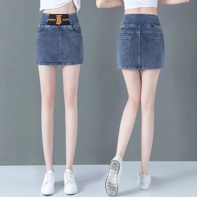 Джинсовая короткая юбка с завышенной талией универсальная эластичная тонкая