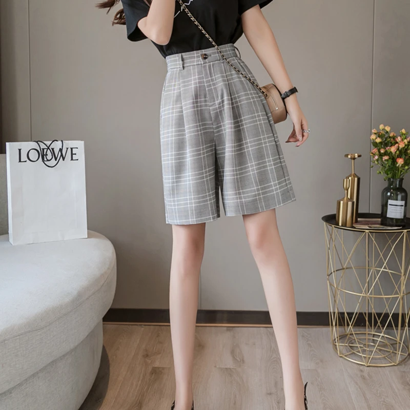 Women Summer Elegant All-match Loose Straight Shorts with Belt Female High Waist Vintage Plaid Wide Leg Suits Shorts Office Lady