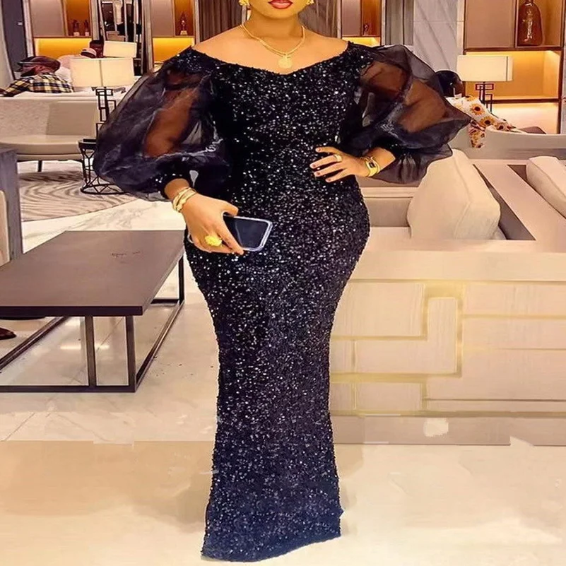 

Sexy Slash Neck Bubble Sleeve Beading Dress Long Sleeves Peplum Slim Fit Pencil Dresses Vintage Plus Size Party Event Fancy Gown