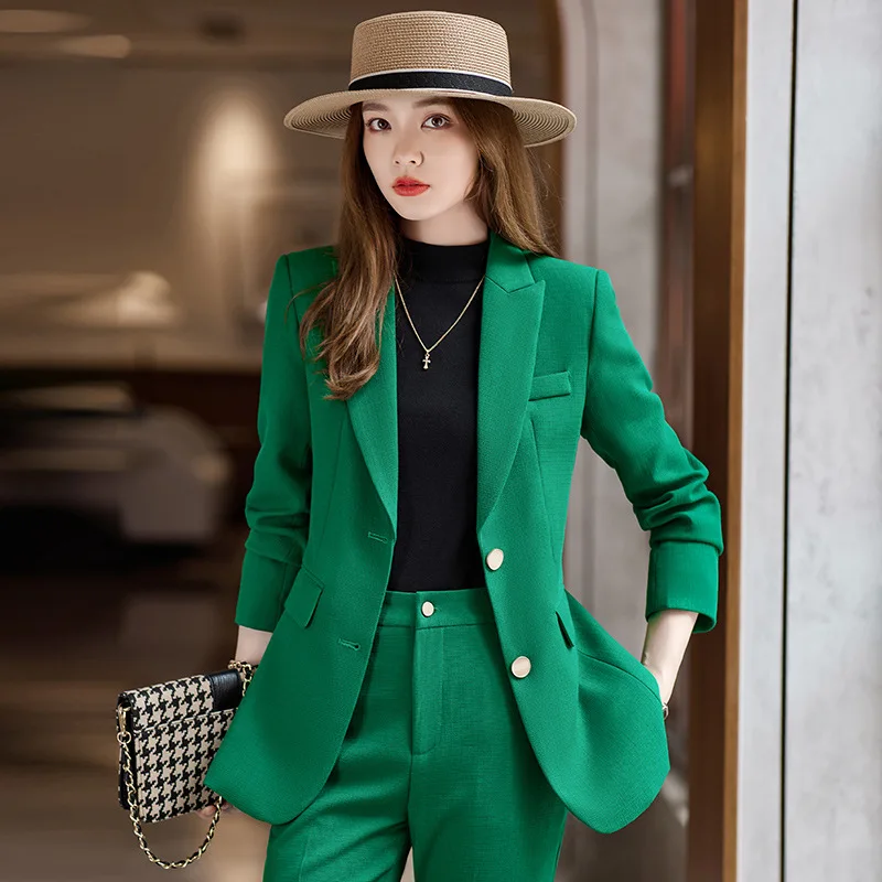 IZICFLY Autumn Spring New Style Pants Suits For Women Outifits Uniform Elegant Business Blazer And Trouser Two Piece Set Green