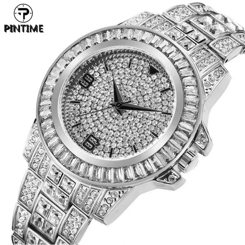

PINTIME Quartz Watch For Men Luxury Full Diamond Iced Out Hip Hop Sliver Rose Gold Watch Mens Wrist Watch Clock Male Wristwatch