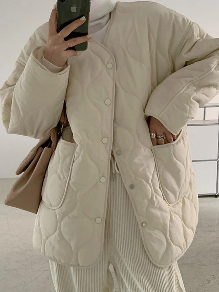 

Vintage Winter Jacket Women 2022 Thick Cotton Padded Warm Coats Single-breasted Solid Female Parkas Oversized Casual Top Abrigos