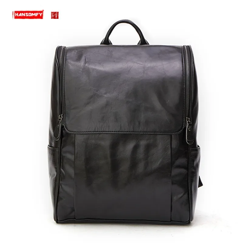 

HANSOMFY New Genuine Leather Men's Backpacks Casual Men 15.6 Inch Laptop Bag Travel Backpack Black Large Capacity Cow Leather