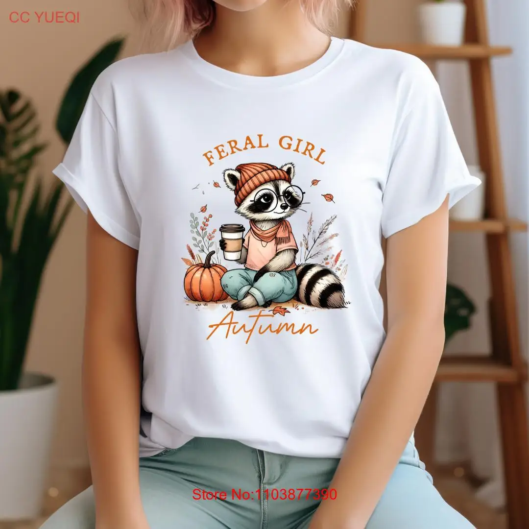 Фото Забавный енот SVG Fall PNG Designs Wild Girl Хэллоуин Милая футболка с длинными или короткими рукавами №1