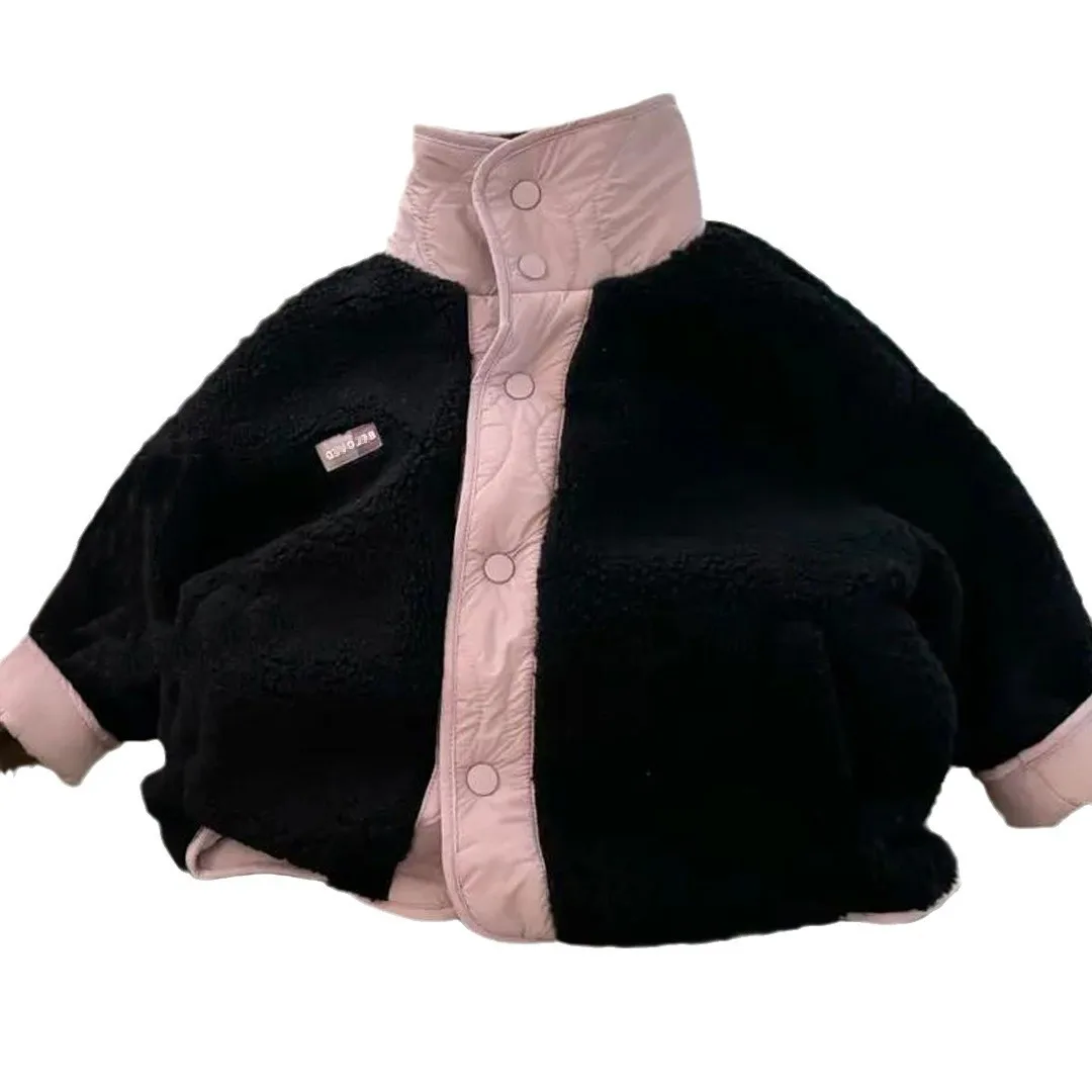Детское двустороннее пальто на осень и зиму для девочек утепленная бархатная