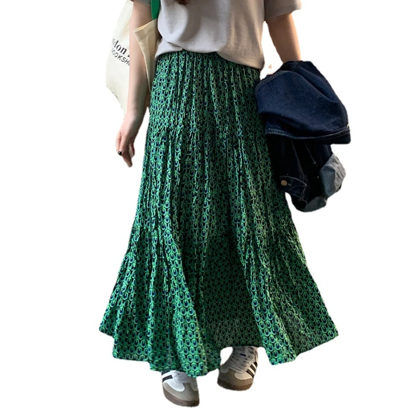 Floral Half Skirts for Women Long Skirts for Women Fashion 2023 New Elastic High Waist Pleated Large Swing Slimming A-line Skirt