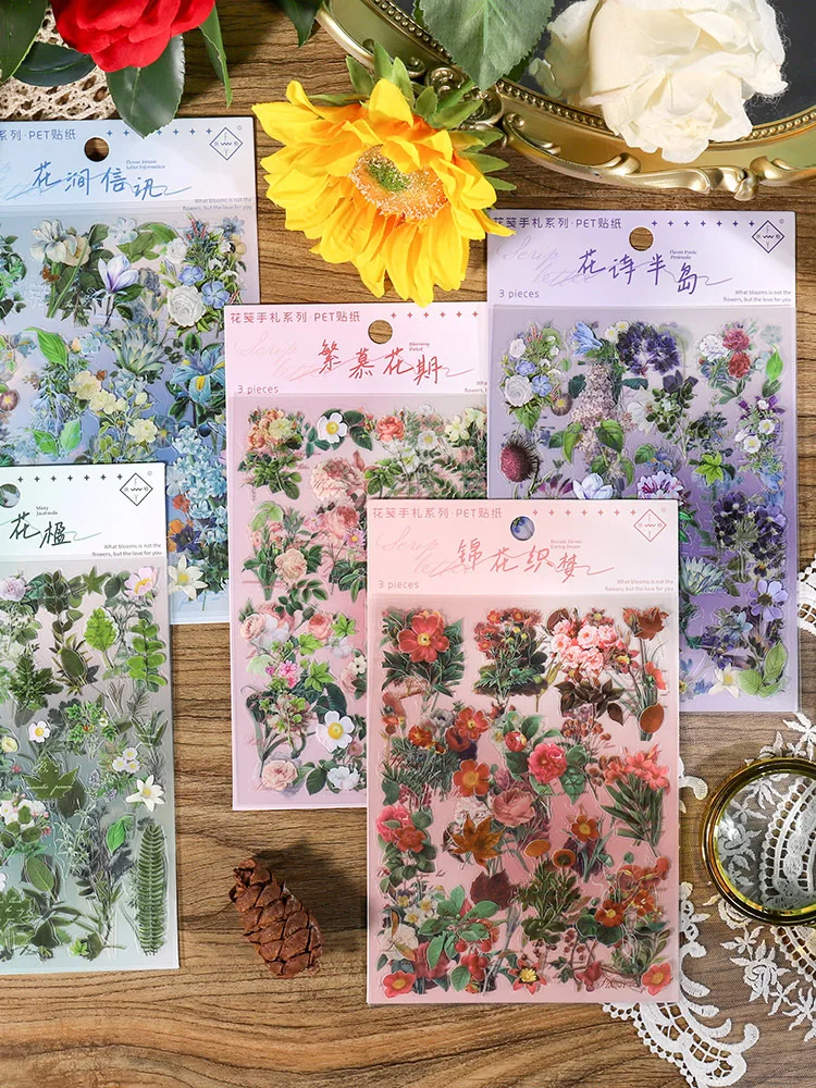 

NEDIE 3pcs/pack Materials Flowers Stickers DIY Scrapbooking Decor Junk Journal Collage Stationery Stickers Cute Bullet Journals