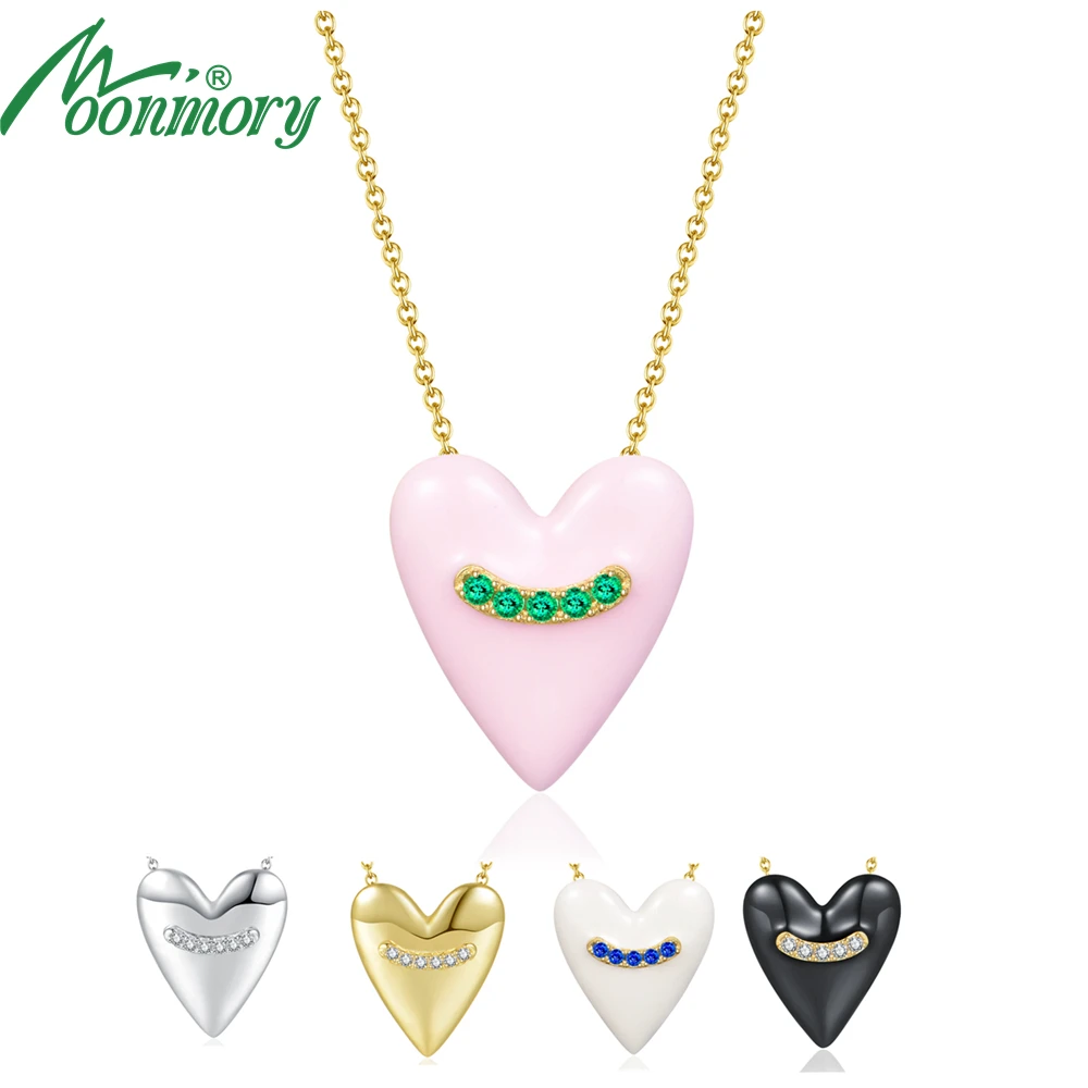 

Moonmory American Trendy Jewelry 925 Sterling Silver Drop Heart Pendant Necklace For Women Pink Enamel Necklace With CZ Adjust