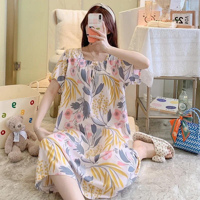 

One Size Women Floral Nightdres Summer New Square Collar Cotton Nightgown Long Sleepshirts HanFu Casual Loose Home Dressing
