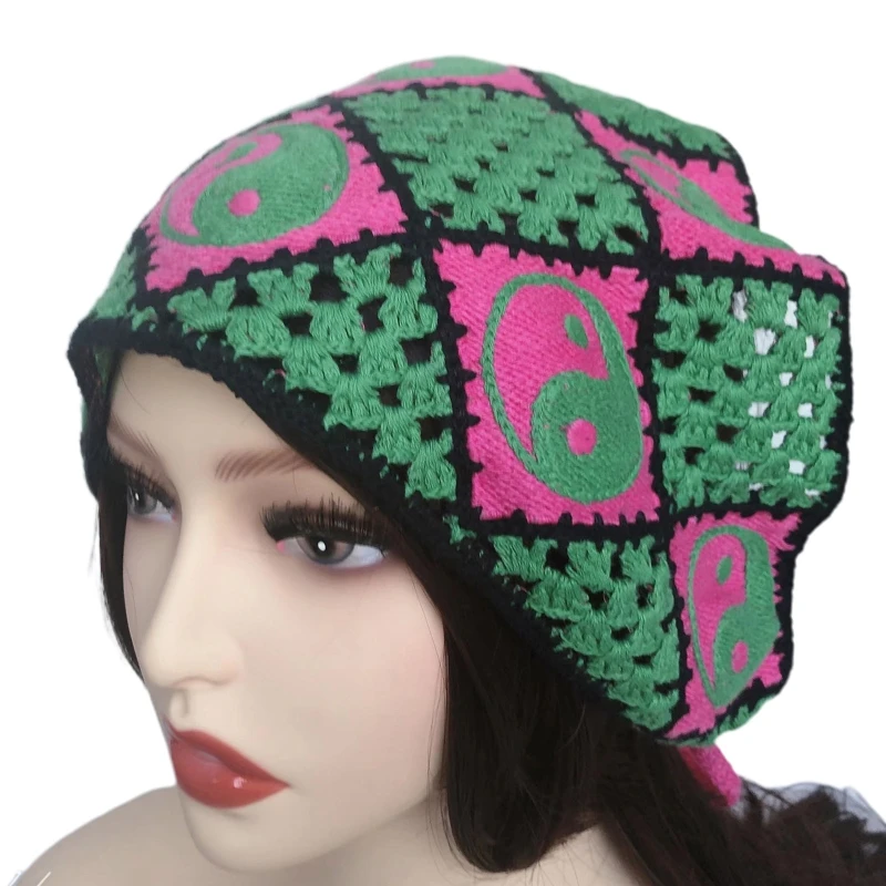 

449B Crochet Strawberry Bandana Creative Knitted Hair Kerchief Tie Back Head Wrap Yin Yang Triangle Turban Lovely Photo Props