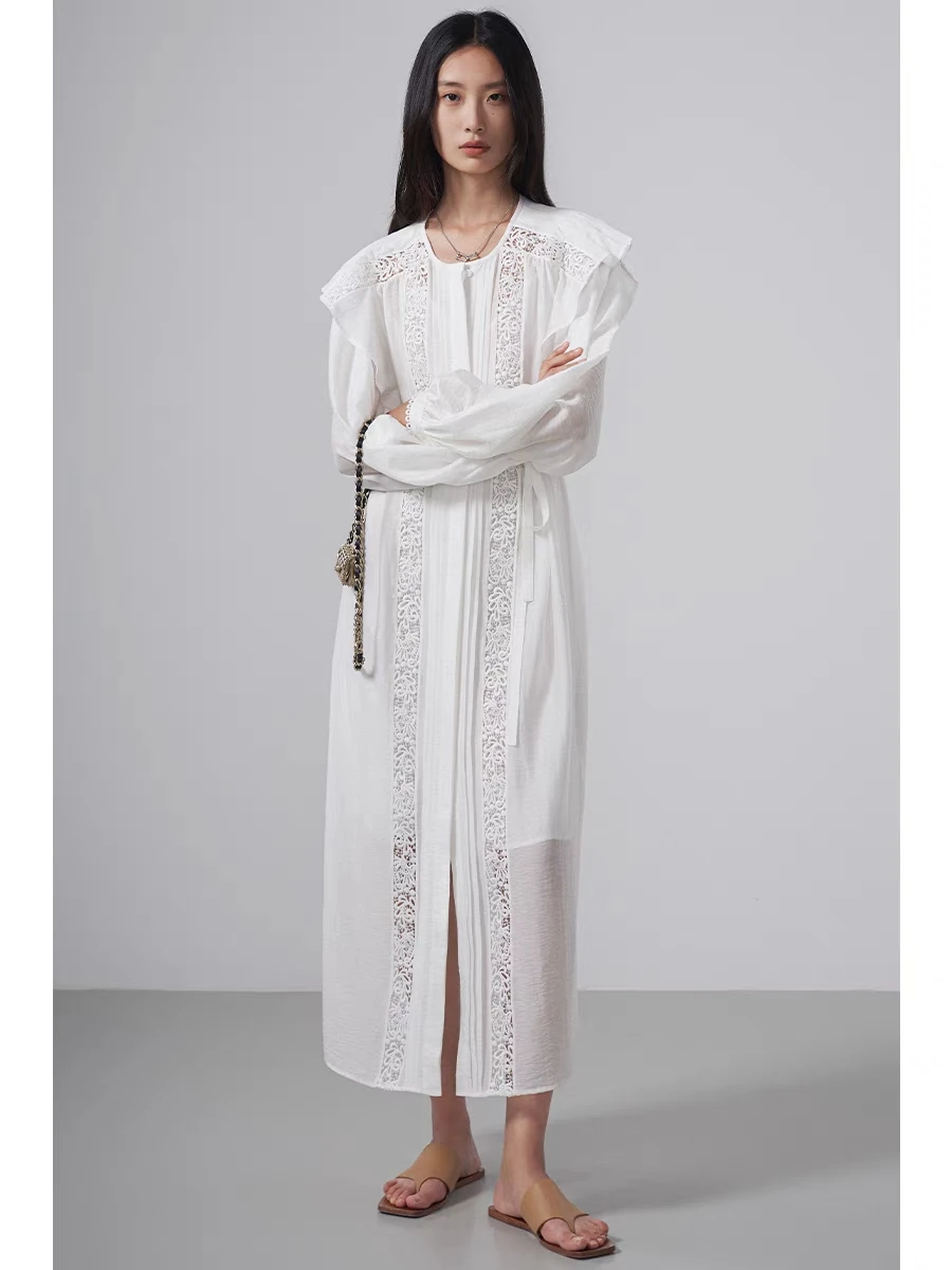 

2023 Early Autumn New Embroidery Hollow Tie Embroidered Cotton Long Dress