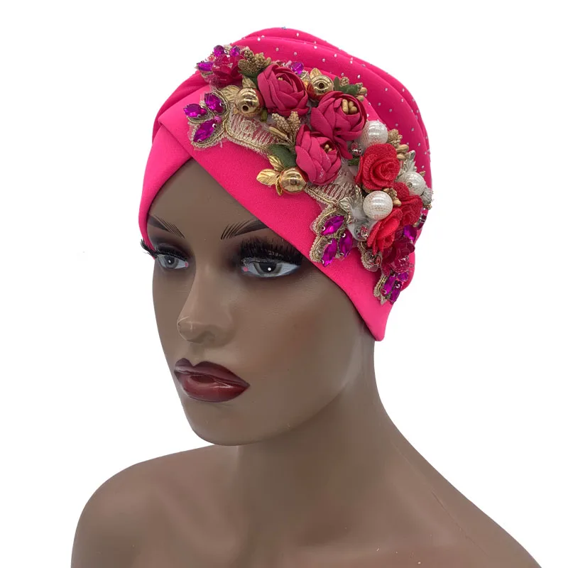 Fashion Shinny Rhinestone Flowers Women's Turban Hat Muslim Beanie Head Wrap Bonnet Female Party Headgear African Headtie
