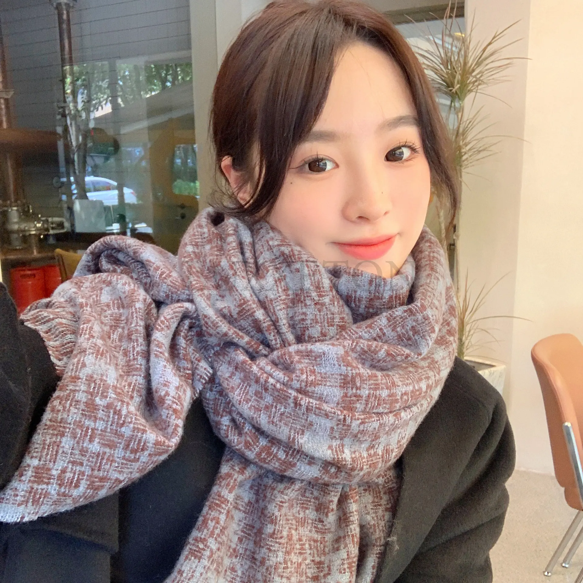 

Women's Plaid Wool Scarf Winter Shawl and Wrap Women's Brand Thickened Pashmina Plaid Warm Scarf Wool Wrap Mainland China